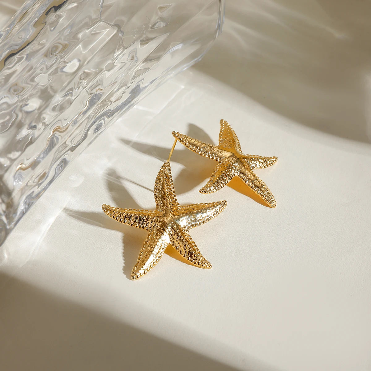 18K Gold Starfish Textured Stainless Steel Earrings