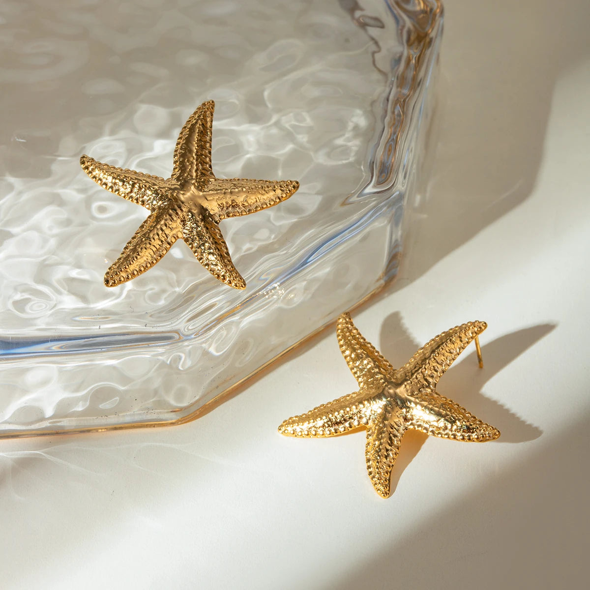 18K Gold Starfish Textured Stainless Steel Earrings