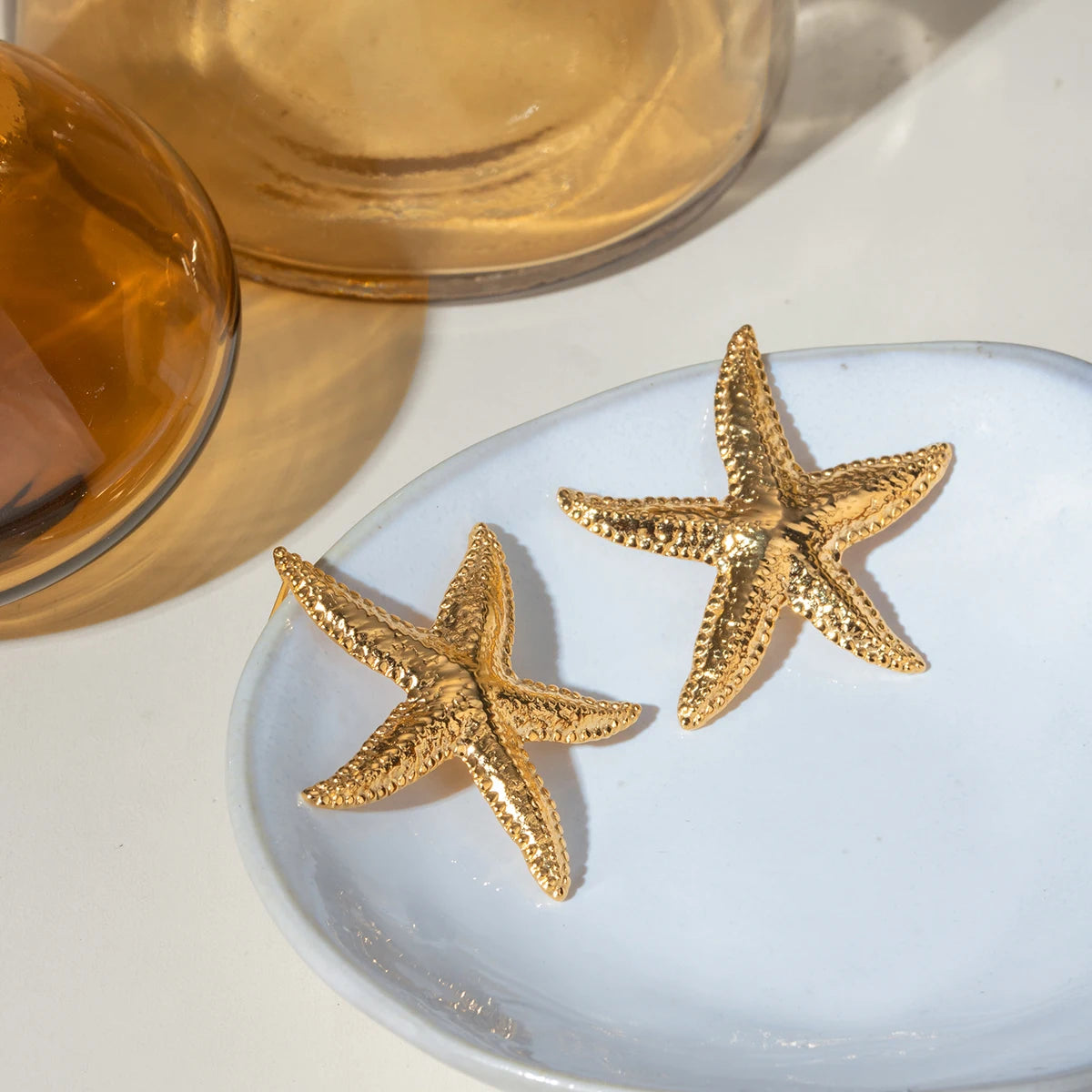 18K Gold Starfish Textured Stainless Steel Earrings