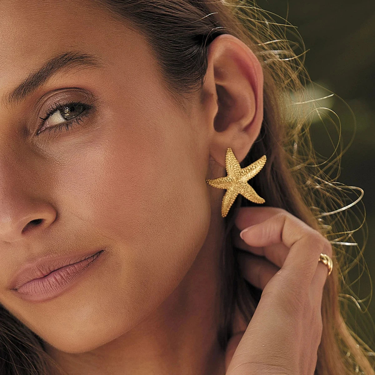 18K Gold Starfish Textured Stainless Steel Earrings