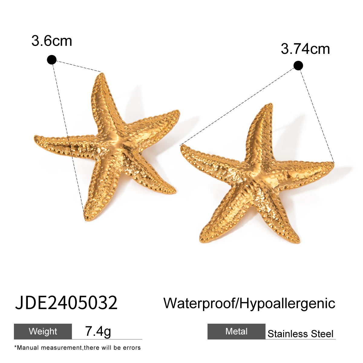 18K Gold Starfish Textured Stainless Steel Earrings